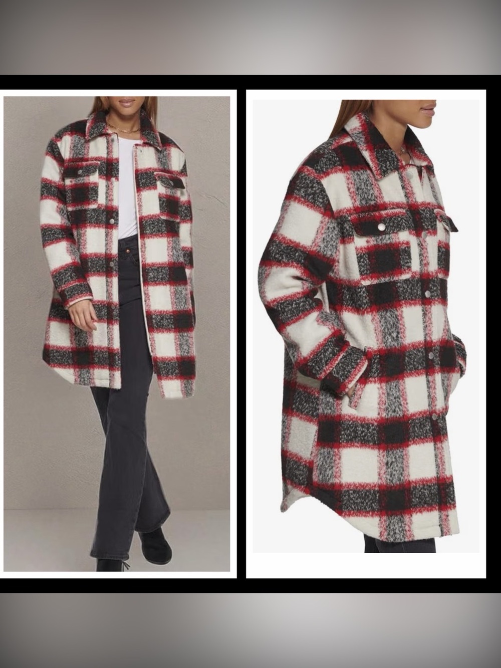 LEVI’S Women's Sherpa Lined Long Shacket - Red/White/Black Plaid
